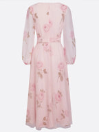Pink Floral Tulle V Neck Long Sleeve Balloon Sleeve A-Line Midi Dress