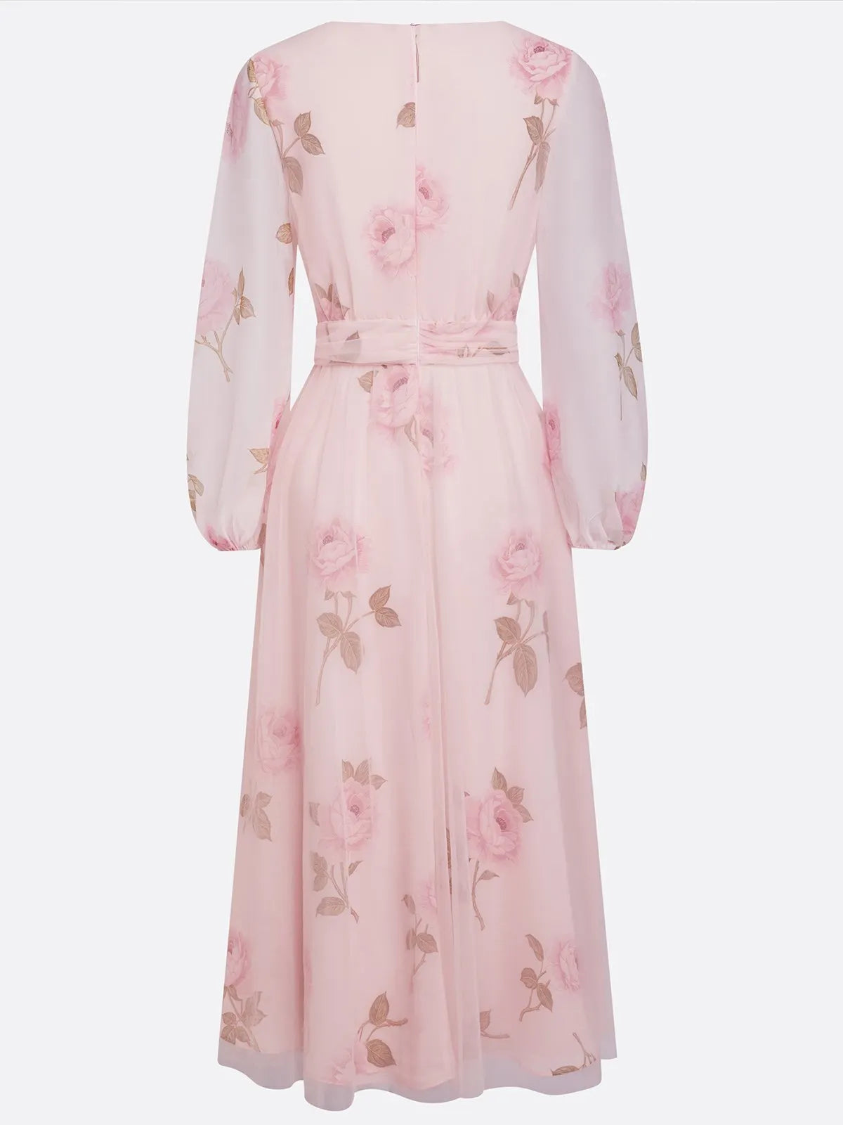Pink Floral Tulle V Neck Long Sleeve Balloon Sleeve A-Line Midi Dress