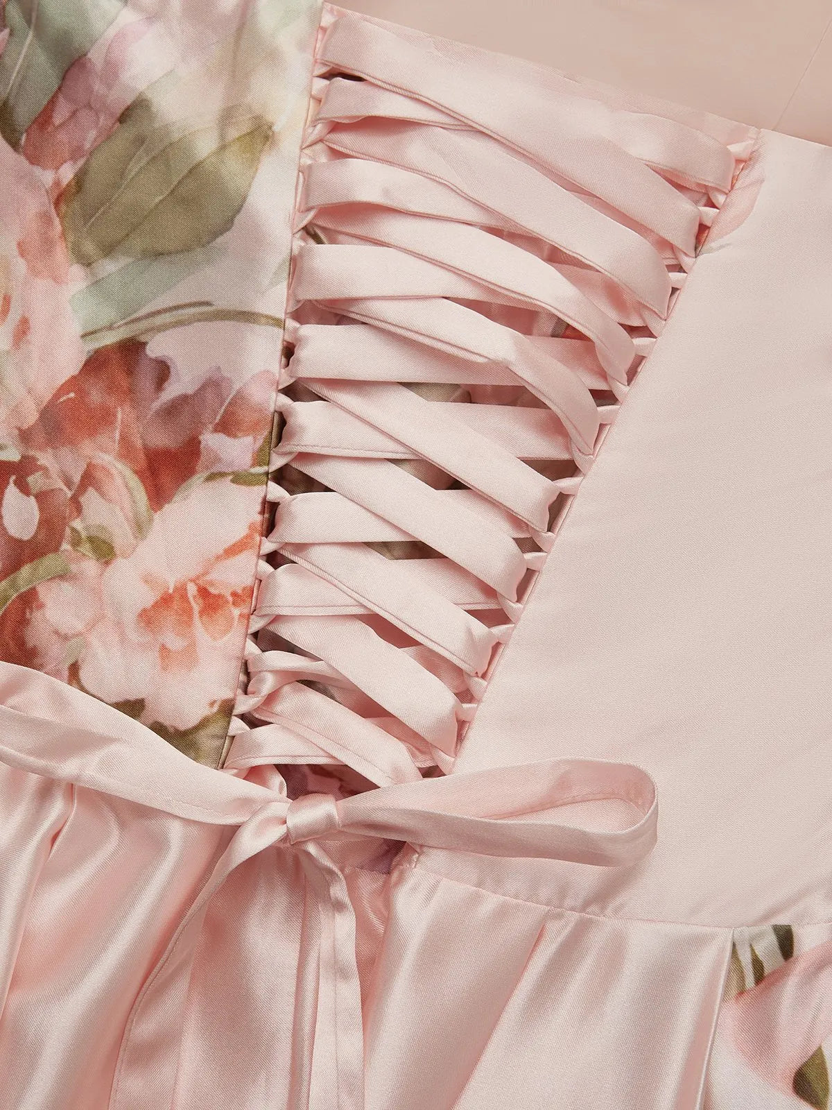 Pink Floral Satin Strapless Sleeveless A-Line Gown Dress