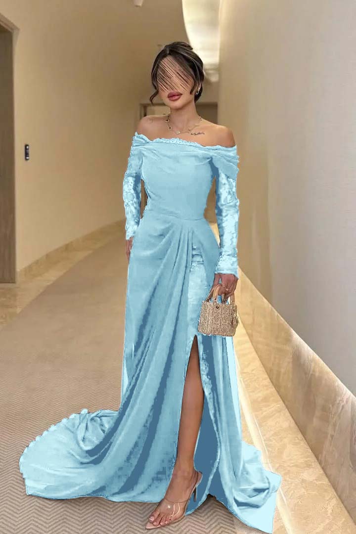 Off the Shoulder Long Sleeves Long Split Prom Dress With Pleated WQ0009