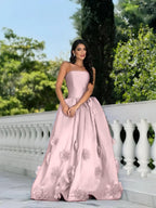 Satin Strapless Sleeveless Long A-Line Prom Dress With Flower Appliques And Pleated YK0617