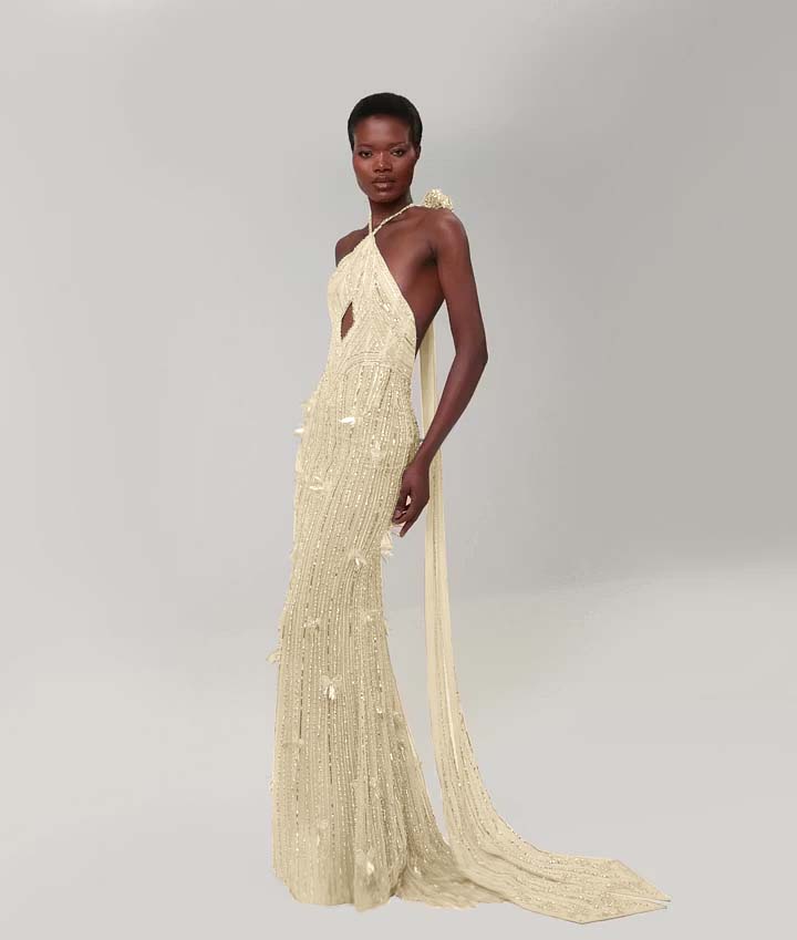 Cocoslly Halter Sleeveless High Waist Long Mermaid Prom Dress With Sequins | Nude Champage Chiffon YK1282