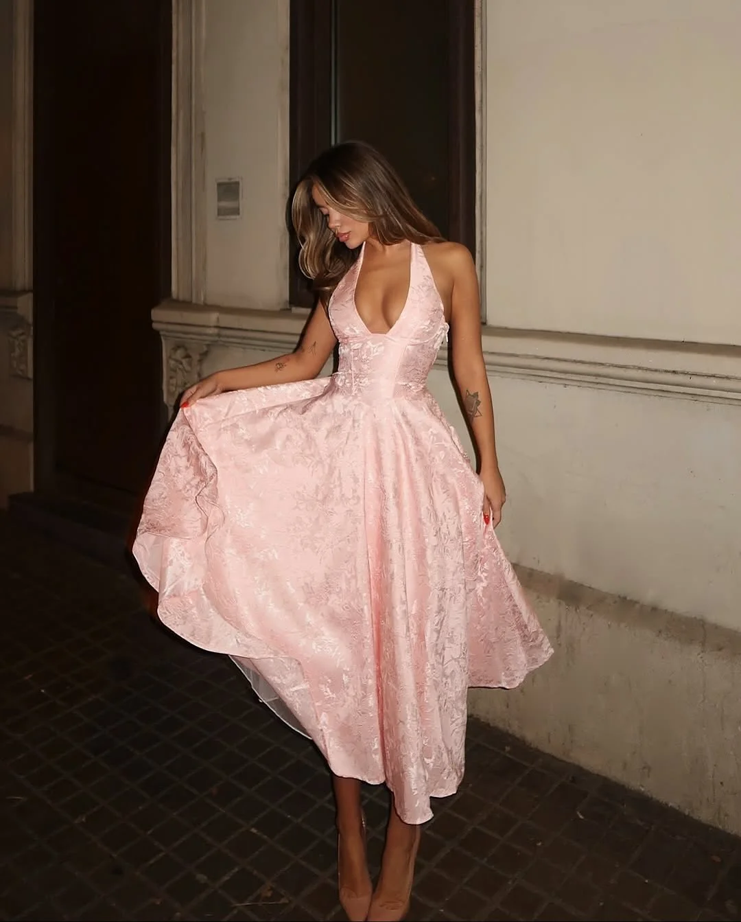 Glamorous Satin Halter Deep V-Neck Strapless Sleeveless Long A-Line Prom Dress YK0626
