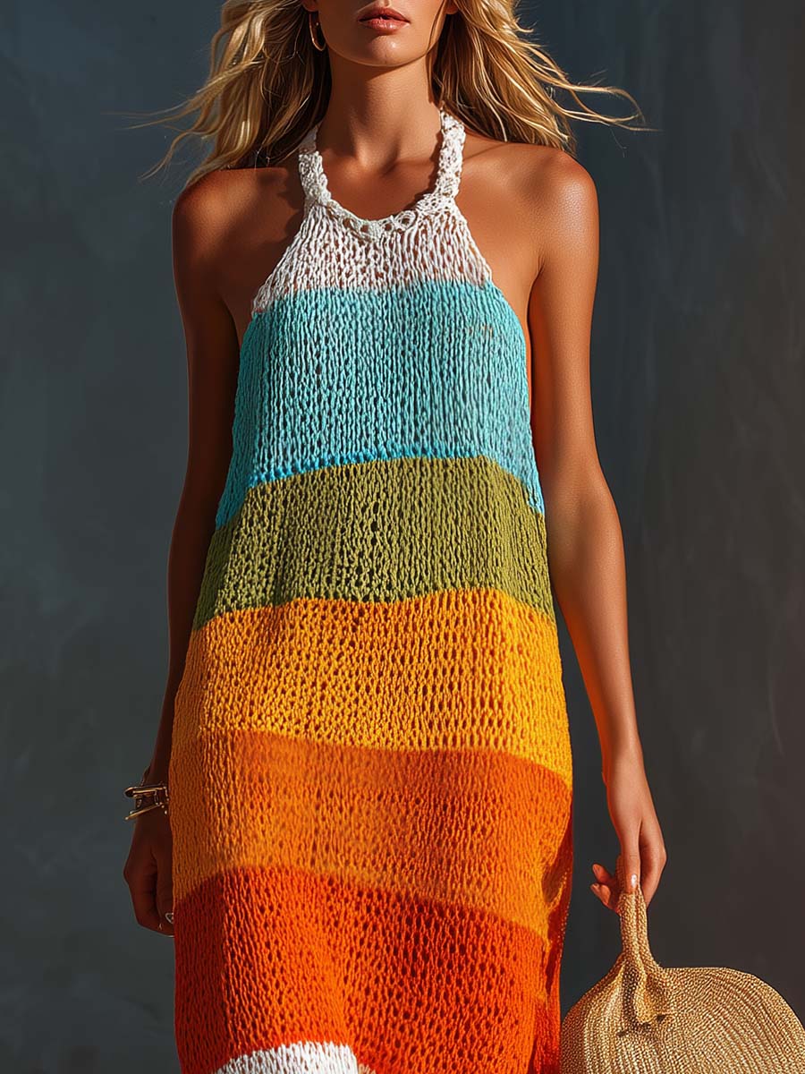 Breathable Vacation Halter-Neck Lightweight Striped Knit Maxi Dress