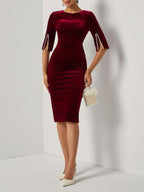 Wine Red Faux Pearl Velvet Boat Neck Half Sleeve Sheath Midi Dress