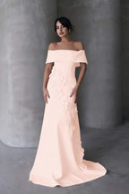 Cocoslly Off-The-Shoulder Strapless Sleeveless Long Mermaid Prom Dress With Flowers Appliqués | Red Satin ZA0194
