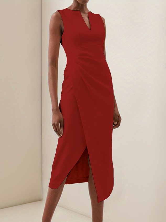 White V Neck Sleeveless Slit Sheath Midi Dress