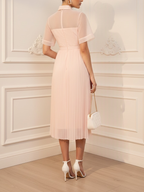 Pink Pleated Classic Shirt Collar Short Sleeve A-Line Midi Dress