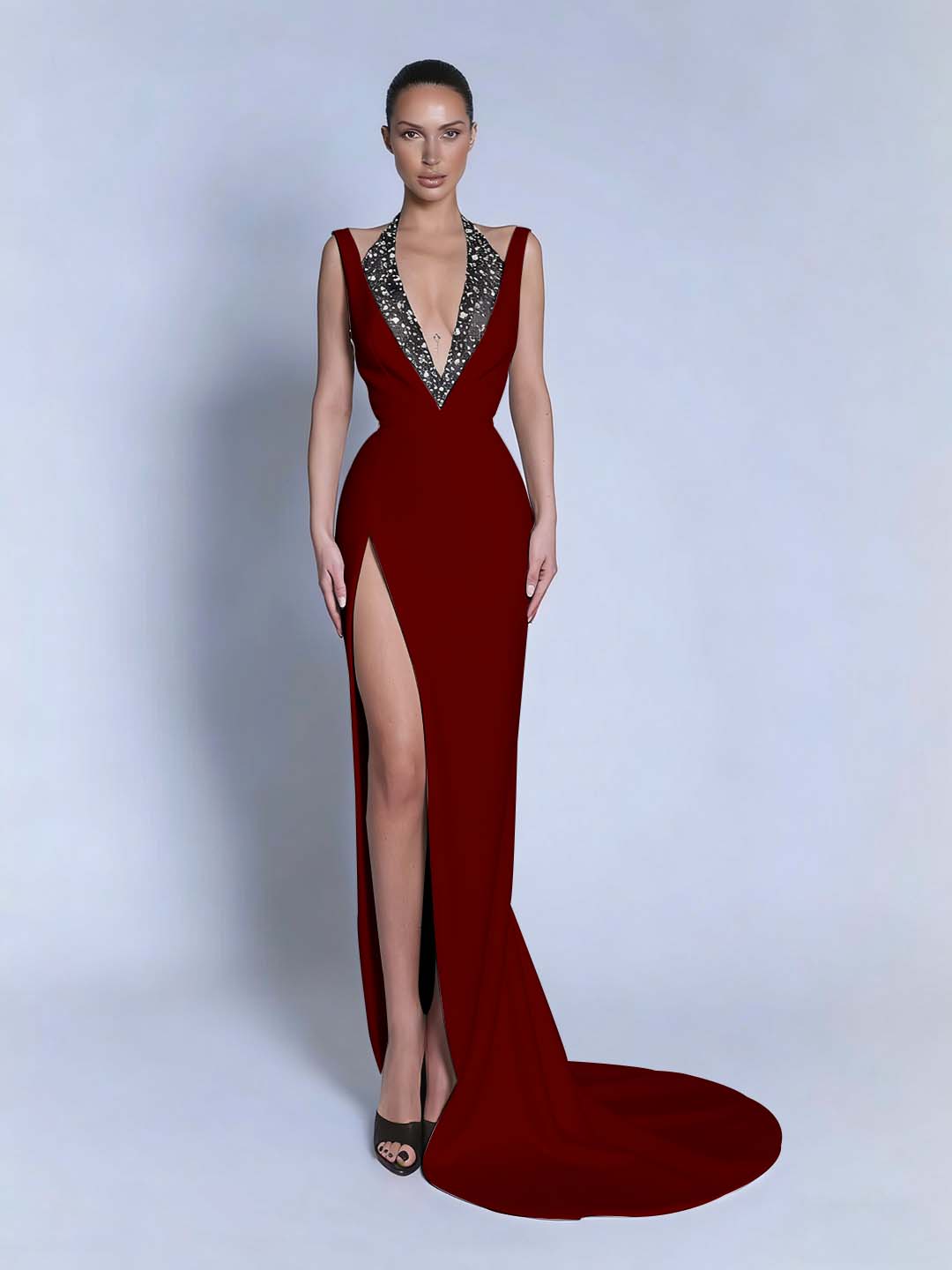 Halter V-Neck Wide Shoulder Straps Sleeveless Long Mermaid Prom Dress With Beadings And Split YK0734
