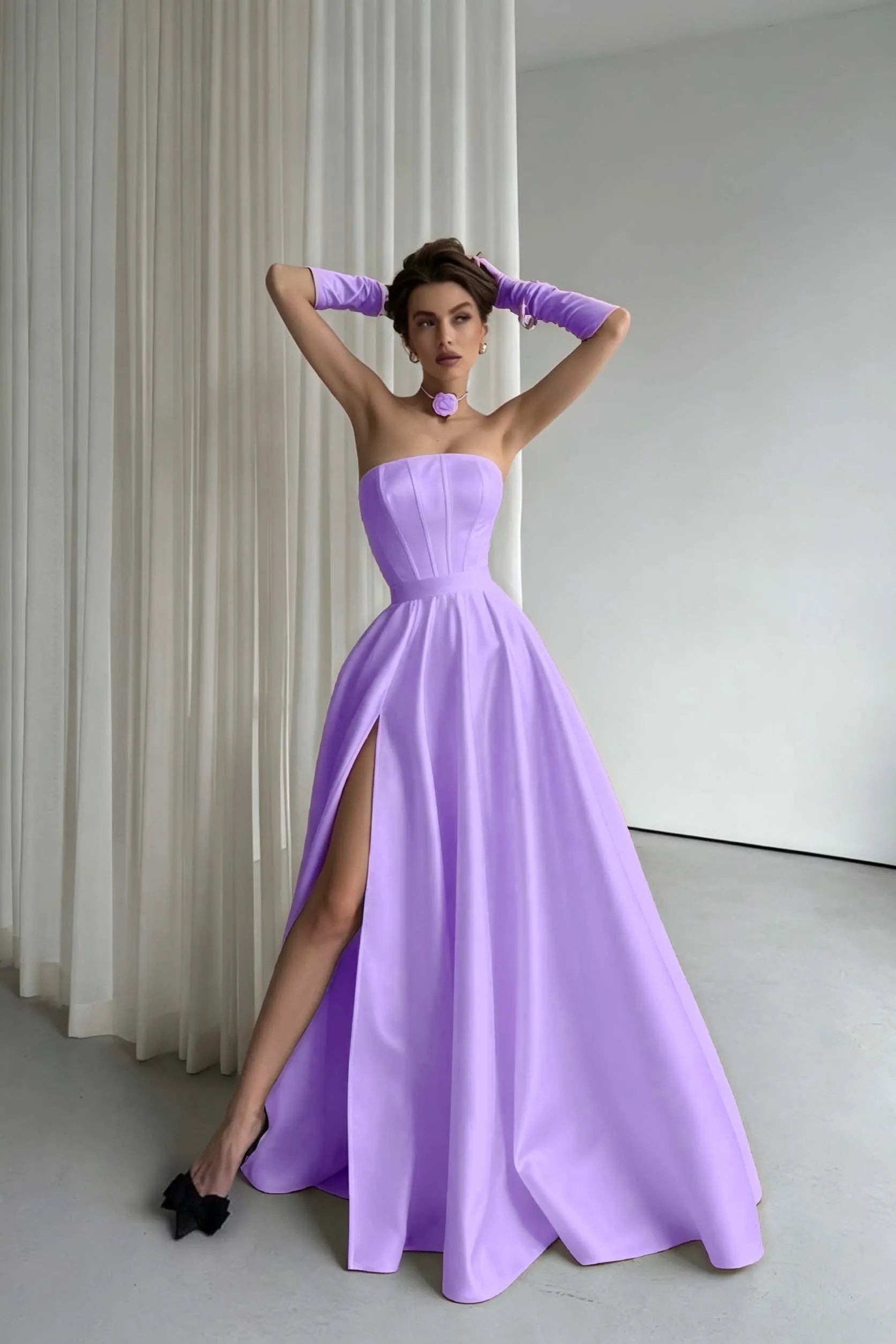 Cocoslly Strapless Sleeveless High Waist Long Prom Dress With Split And Gloves | Black Satin ZT0723