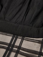 Black Organza Plaid Classic Mock Neck Sleeveless A-Line Midi Dress