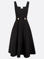 Black Buckle Notched Sleeveless A-Line Midi Dress With Pockets