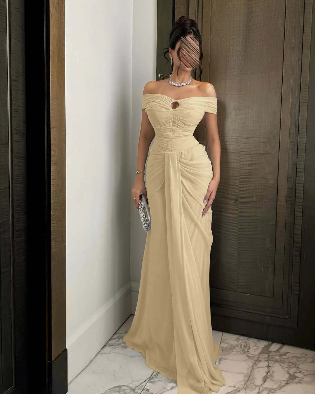 Chiffon Off-The-Shoulder Strapless Sleeveless Long Mermaid Prom Dress With Ruffles And Pleated YK0784