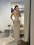 Cocoslly V-Neck One Shoulder Sleeveless Long Mermaid Pleated Prom Dress With Sequins Beadings | Champage Satin And Tulle CO0050