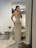 Cocoslly V-Neck One Shoulder Sleeveless Long Mermaid Pleated Prom Dress With Sequins Beadings | Champage Satin And Tulle CO0050