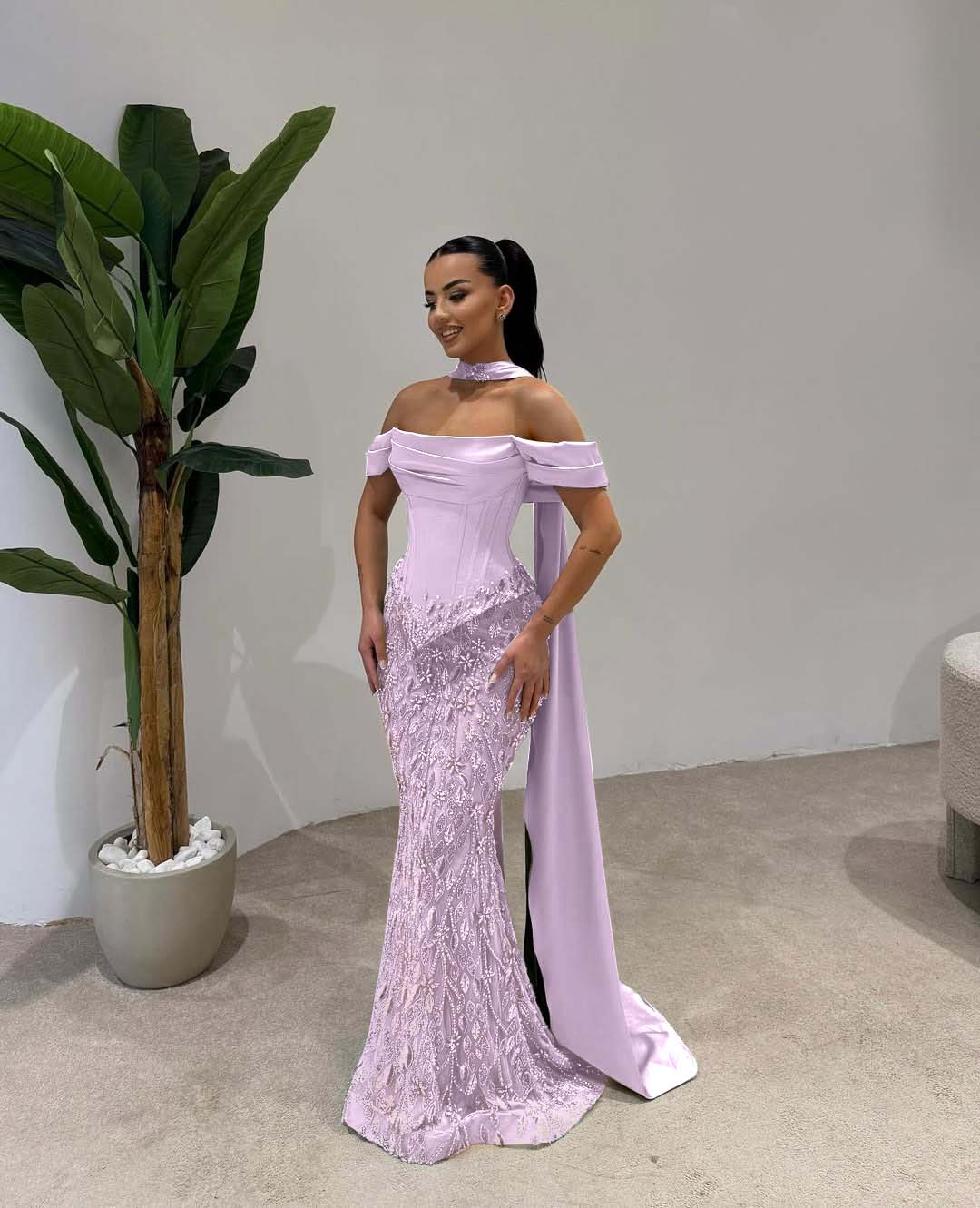 Cocoslly Off-The-Shoulder Long Pleated Mermaid Prom Dress With Beaded-Embroidered And Scarf | Dusty Sage Satin And Tulle ZA0306