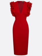 Red Peplum Classic V Neck Sleeveless Sheath Midi Dress