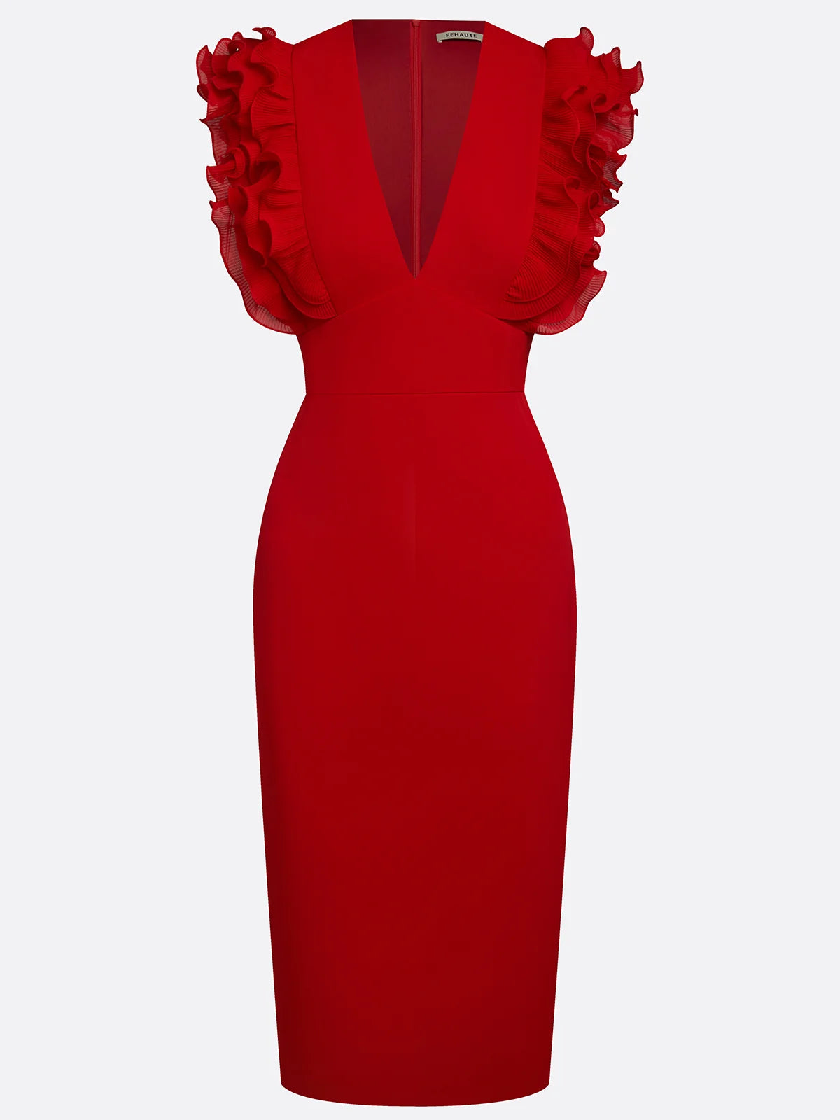 Red Peplum Classic V Neck Sleeveless Sheath Midi Dress