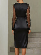 Black Beaded Slit Satin V Neck Long Sleeve Balloon Sleeve Sheath Midi Dress