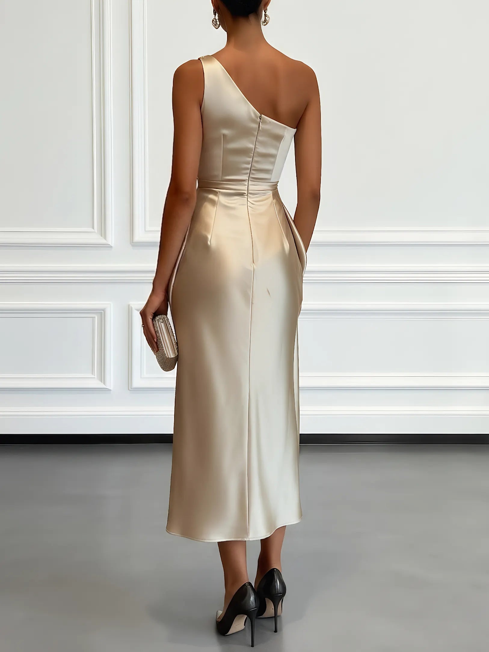 Champagne Ruched Satin One Shoulder Sleeveless Sheath Midi Dress