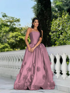 Satin Strapless Sleeveless Long A-Line Prom Dress With Flower Appliques And Pleated YK0617