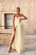 Cocoslly Strapless Sleeveless High Waist Long Prom Dress With Deep Split And Pleated | Pink Chiffon YC0472