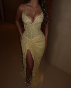 Cocoslly Strapless Sleeveless High Waist Long Prom Dress With Split | Daffodil Lace YK1248