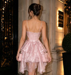 Cocoslly Spaghetti Straps Sleeveless High Waist Short Prom Dress With Ruffles And Bow | Pink Chiffon CO0221