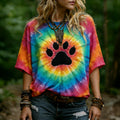 Women's Hippie Abstract Paws Tie-dye Rainbow Pattern Casual T-shirt
