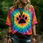 Women's Hippie Abstract Paws Tie-dye Rainbow Pattern Casual T-shirt