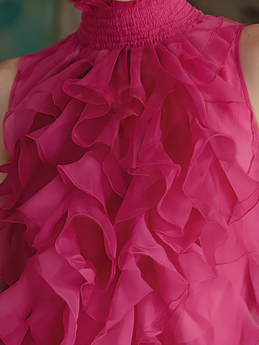 Ruffled High-Neck Sleeveless Chiffon Blouse