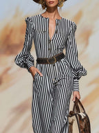Retro Chic Black And White Striped Puff-Sleeve Belted Wide-Leg Jumpsuit