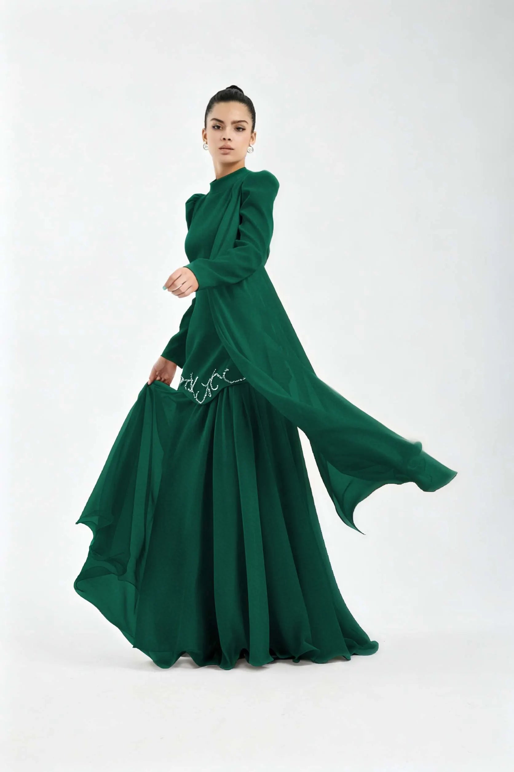 Cocoslly High Neck Long Sleeves High Waist Long Prom Dress With Rhinstone | Cabemet Chiffon LR0407