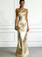 Beige Floral Satin One Shoulder Sleeveless Sheath Floor-length Gown Dress