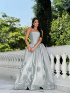 Satin Strapless Sleeveless Long A-Line Prom Dress With Flower Appliques And Pleated YK0617