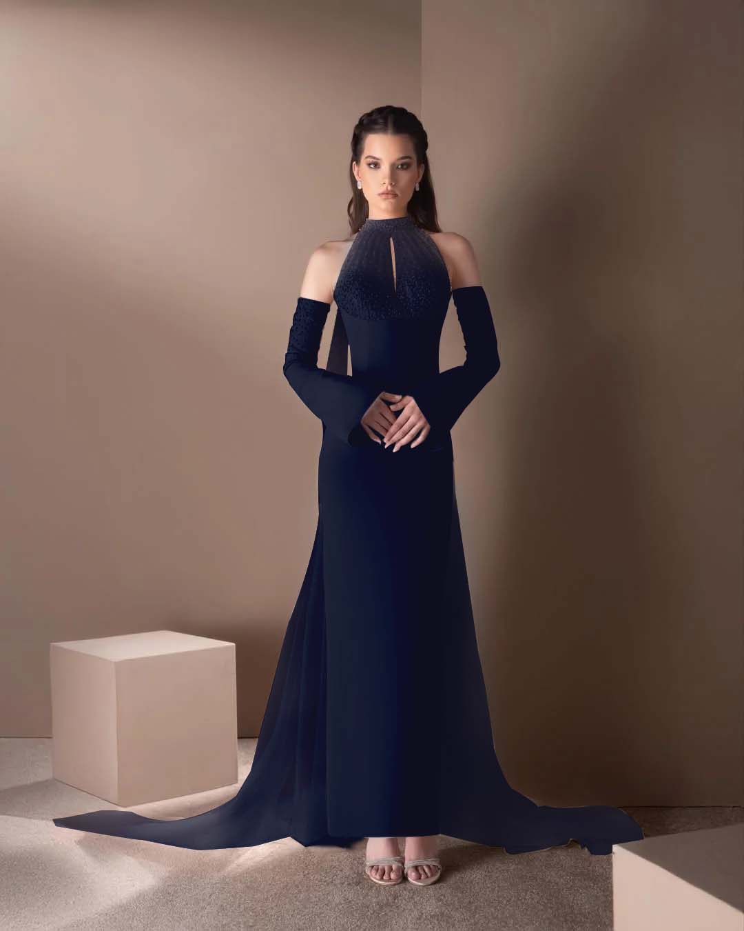 Spandex And Tulle High Neck Strapless Long Sleeves Long Mermaid Prom Dress With Ruffles And Beadings YK0748