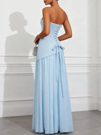 Light Blue Ruched Classic Strapless Sleeveless A-Line Gown Dress