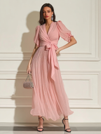Pink Ruched Bow Chiffon V Neck Short Sleeve Sheath Maxi Dress