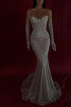 Cocoslly Strapless Sleeveless High Waist Long Mermaid Prom Dress With Rhinstone And Gloves | Smoky Silver Sequins WQ0579