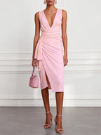 Pink Ruched Peplum Knit Lyocell Deep V Neck Sleeveless Bodycon Midi Dress