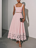 White Lace Classic Square Neck Sleeveless A-Line Maxi Dress