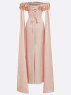Pink 3D Floral Ruched Classic Off The Shoulder With Removable Cape Short Sleeve Mermaid Gown Dress