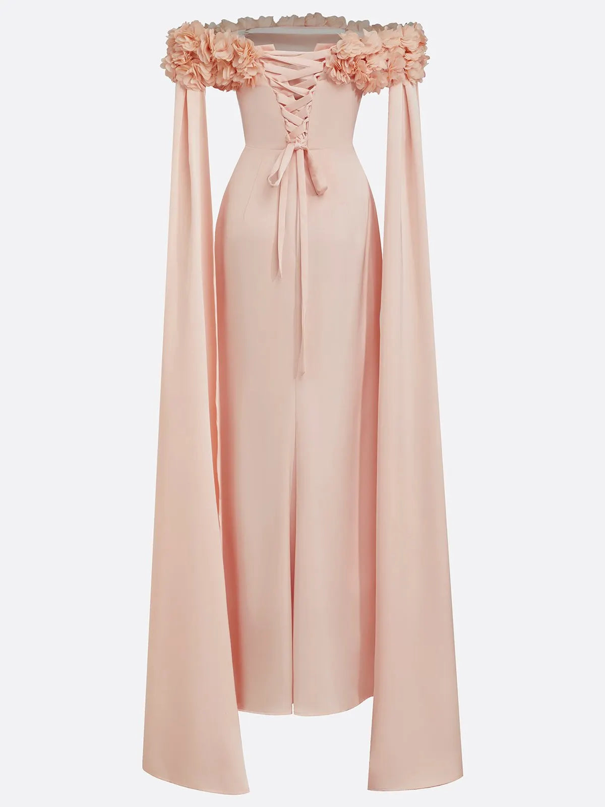 Pink 3D Floral Ruched Classic Off The Shoulder With Removable Cape Short Sleeve Mermaid Gown Dress