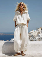 Vacation Retro White Cotton Linen Short-Sleeve Hooded Top And Balloon Pants Set