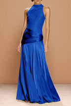 Cocoslly High-Neck Sleeveless Long Pleated Mermaid Prom Dress With Embroidery | Sage Green Satin ZA0147