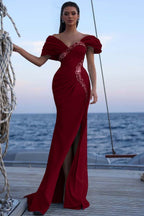 Cocoslly Off-The-Shoulder Beaded Split Long Prom Dress With Sequins Acrylic Rhinestones | Sky Blue Satin ZT0483