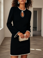 Black Faux Pearl Cut Out Classic Crew Neck Long Sleeve Sheath Mini Dress