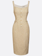 Golden Buckle Pocket Stitching Tweed Spaghetti Sleeveless Sheath Midi Dress