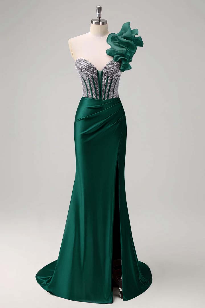 Satin V-Neck Strapless Sleeveless Long Pleated Mermaid Prom Dress With Rhinstone And High Split YK0320