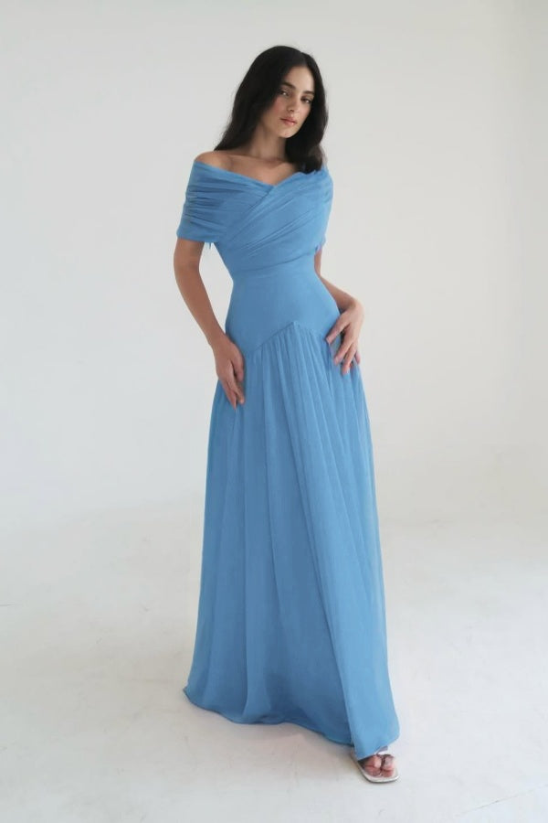 Chiffon Off the Shoulder Sleeveless Long Prom Dress With Pleated WQ0385